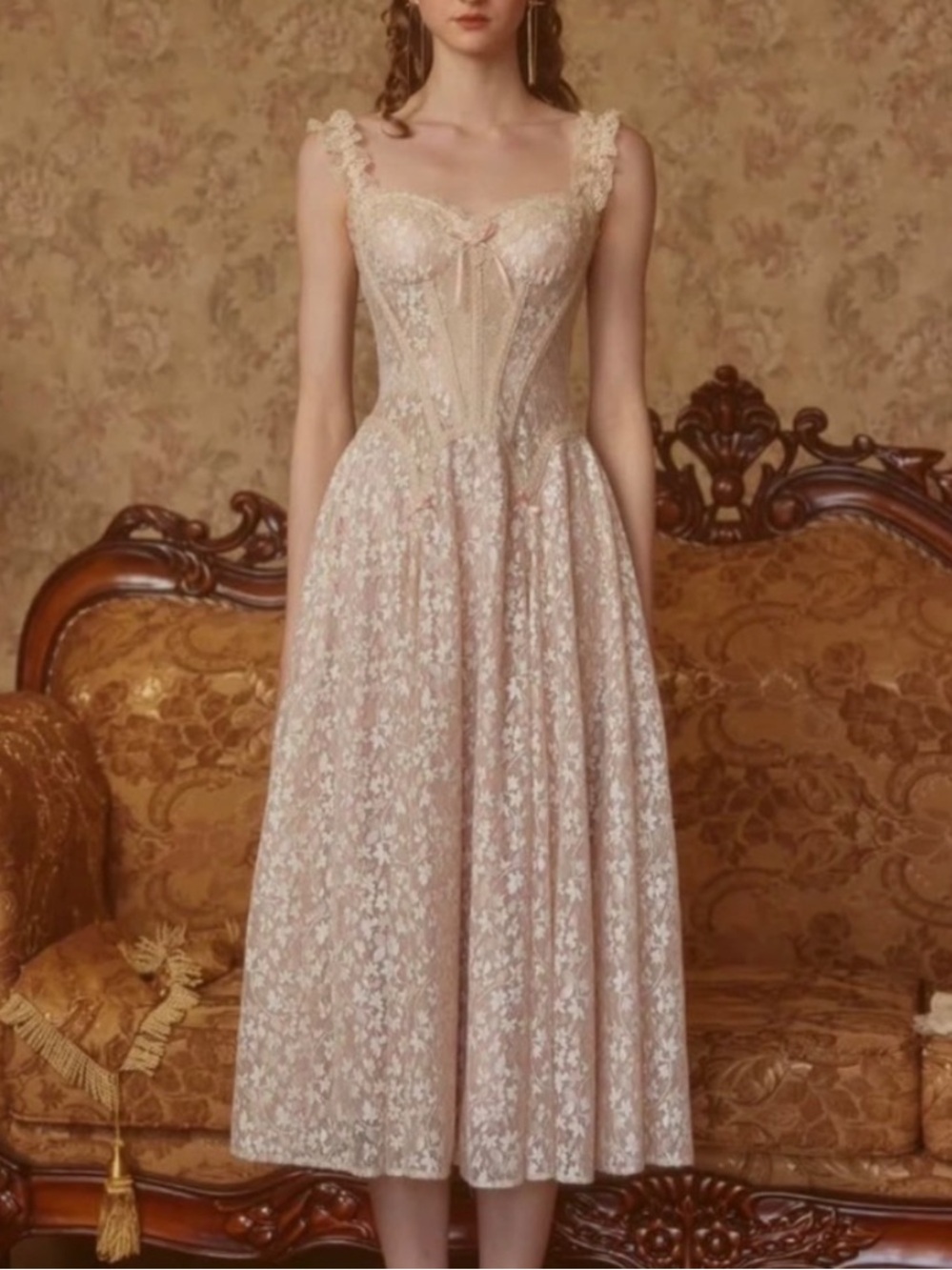 Lumina Venus Women M Floral Lace Ruffle Fairy Sugar Veil Corset Midi Dress NWT
